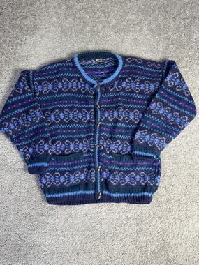 Ganesh Himal Sweater Mens L Blue Cardigan Wool Fair Isle Nepal Hand Knit Pockets